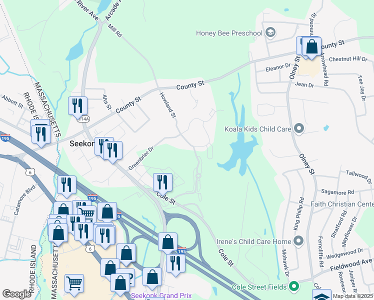 map of restaurants, bars, coffee shops, grocery stores, and more near 101 Forsythe Circle in Seekonk