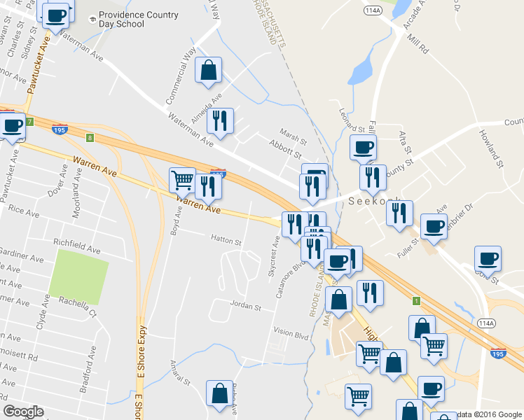 map of restaurants, bars, coffee shops, grocery stores, and more near 1000 Warren Avenue in East Providence