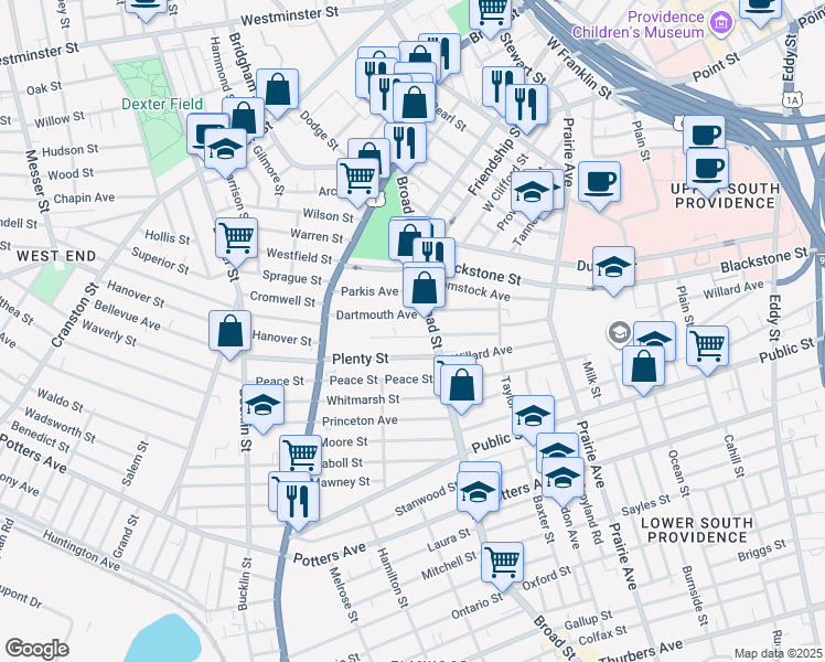 map of restaurants, bars, coffee shops, grocery stores, and more near 79 Wesleyan Avenue in Providence