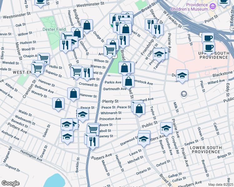 map of restaurants, bars, coffee shops, grocery stores, and more near 123 Wesleyan Avenue in Providence