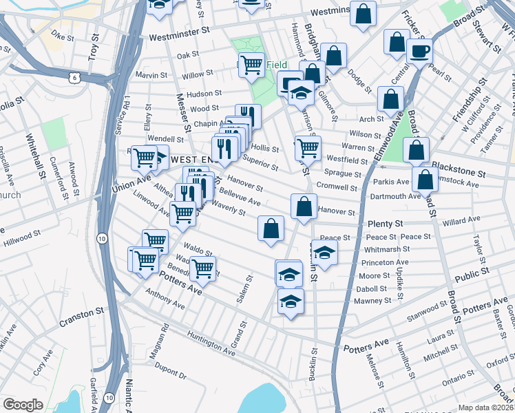 map of restaurants, bars, coffee shops, grocery stores, and more near 168 Bellevue Avenue in Providence