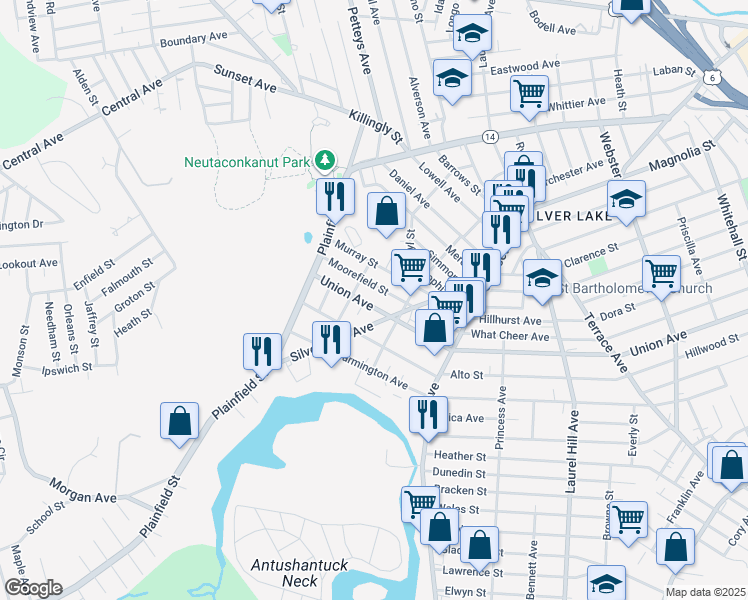 map of restaurants, bars, coffee shops, grocery stores, and more near 90 Moorefield Street in Providence