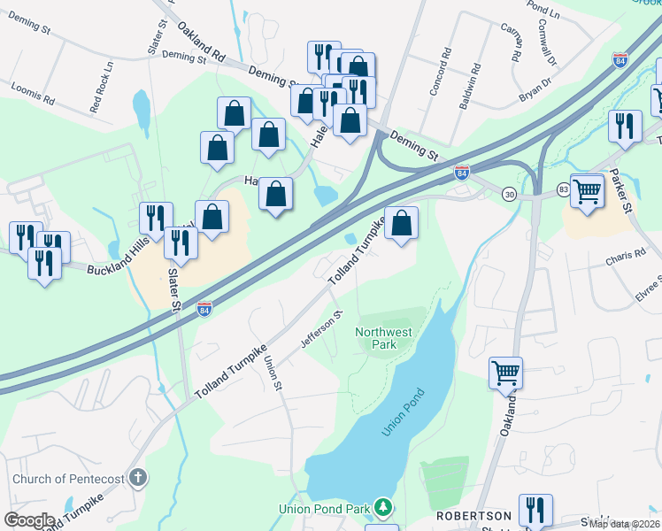 map of restaurants, bars, coffee shops, grocery stores, and more near 34 Donahue Lane in Manchester