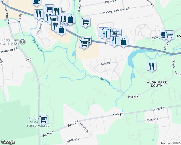 map of restaurants, bars, coffee shops, grocery stores, and more near 3 Highland Square in Avon