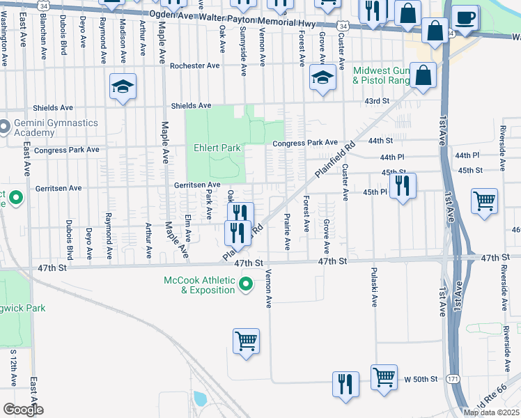 map of restaurants, bars, coffee shops, grocery stores, and more near 4516 Sunnyside Avenue in Brookfield