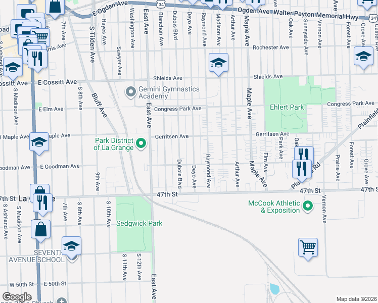 map of restaurants, bars, coffee shops, grocery stores, and more near 4527 Dubois Boulevard in Brookfield