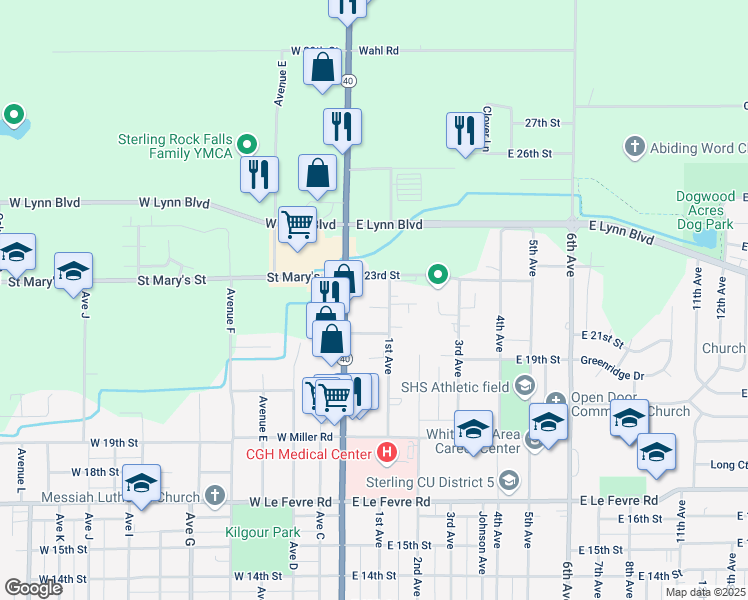 map of restaurants, bars, coffee shops, grocery stores, and more near 30 East 22nd Place in Sterling