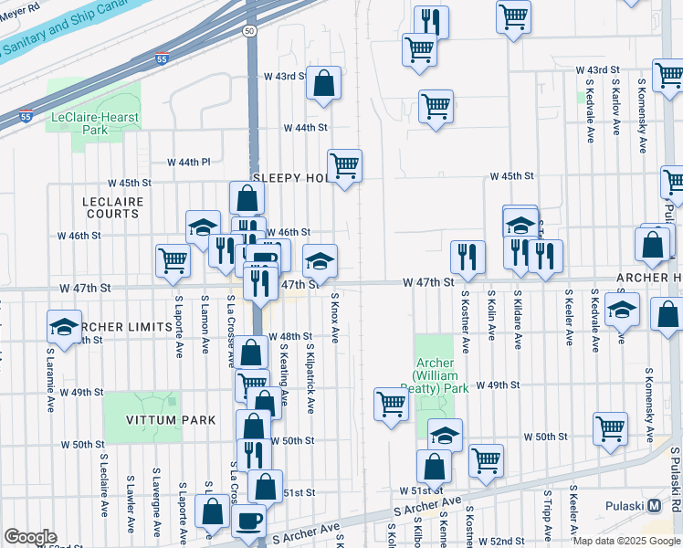 map of restaurants, bars, coffee shops, grocery stores, and more near 4655 South Knox Avenue in Chicago