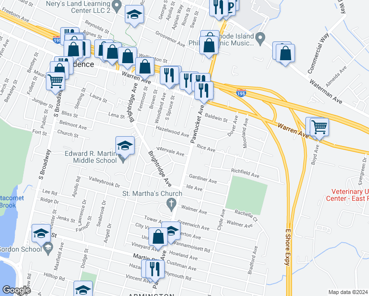 map of restaurants, bars, coffee shops, grocery stores, and more near 45 Hillside Avenue in East Providence