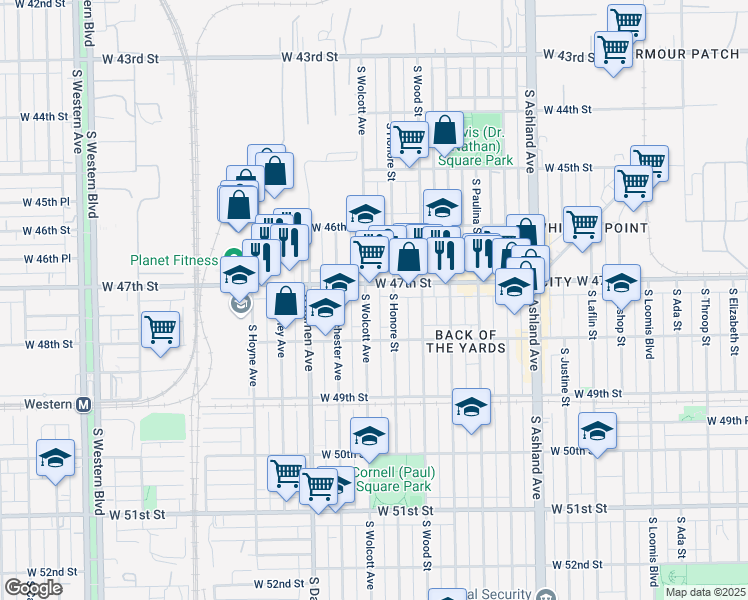map of restaurants, bars, coffee shops, grocery stores, and more near 4717 South Wolcott Avenue in Chicago