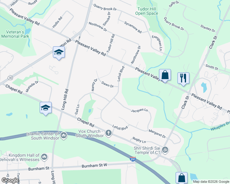 map of restaurants, bars, coffee shops, grocery stores, and more near 96 Lefoll Boulevard in South Windsor