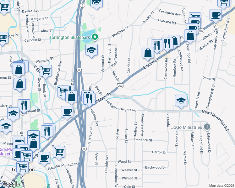 map of restaurants, bars, coffee shops, grocery stores, and more near 47 New Harwinton Road in Torrington