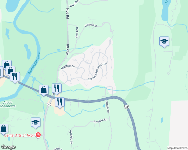 map of restaurants, bars, coffee shops, grocery stores, and more near 1 Alpine Meadow Lane in Avon