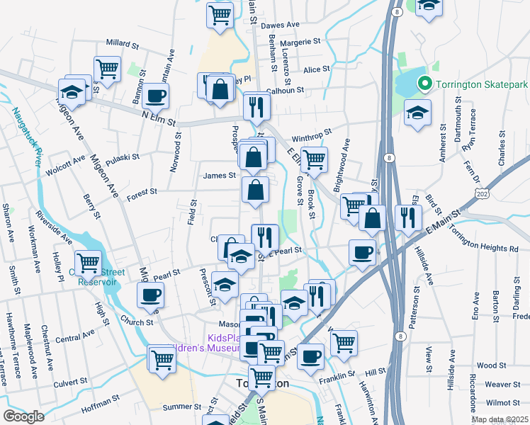 map of restaurants, bars, coffee shops, grocery stores, and more near 372 Main Street in Torrington