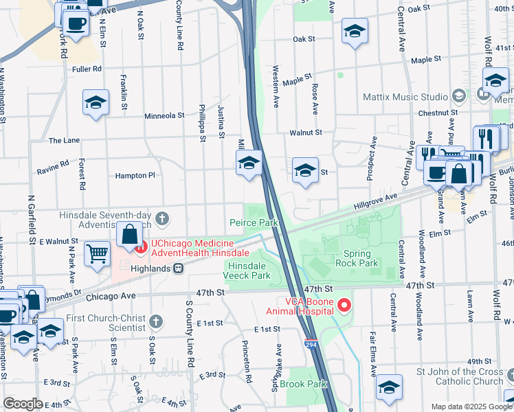 map of restaurants, bars, coffee shops, grocery stores, and more near 233 East Walnut Street in Hinsdale