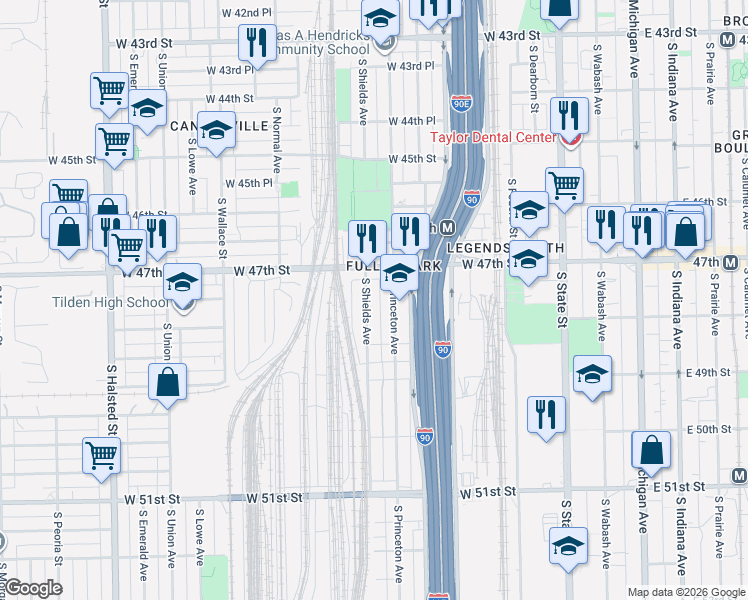map of restaurants, bars, coffee shops, grocery stores, and more near 4739 South Shields Avenue in Chicago