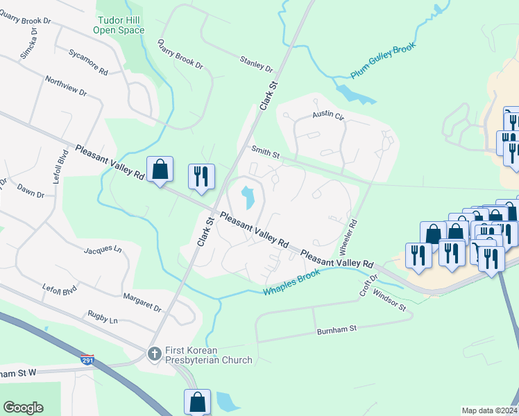 map of restaurants, bars, coffee shops, grocery stores, and more near 42 Cinnamon Spring in South Windsor