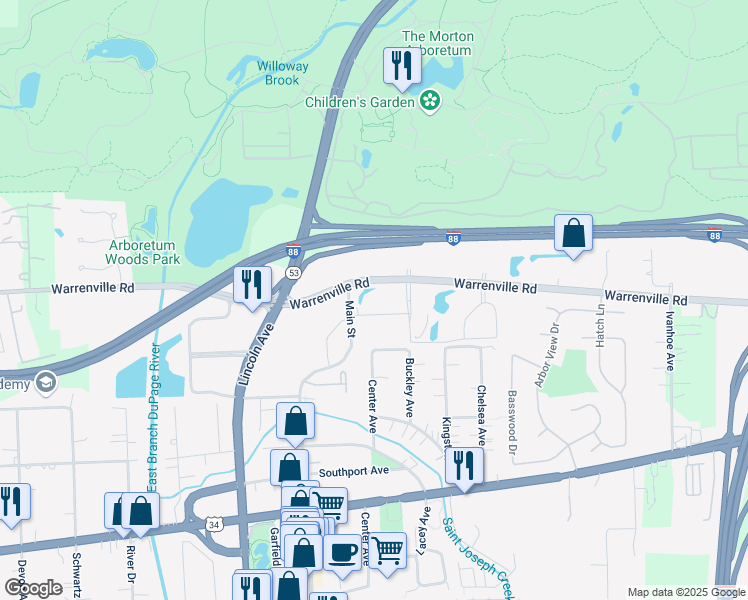 map of restaurants, bars, coffee shops, grocery stores, and more near 1001 Warrenville Road in Lisle