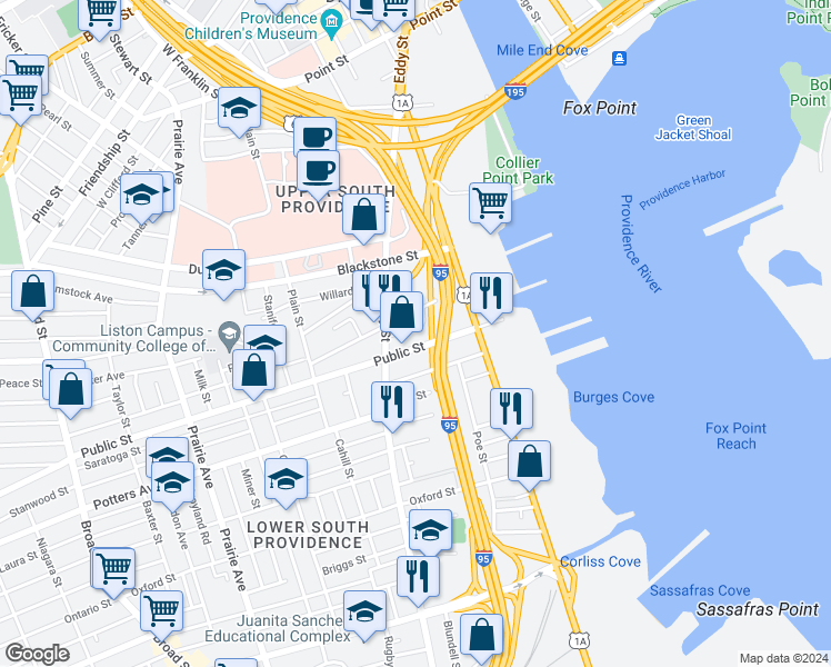 map of restaurants, bars, coffee shops, grocery stores, and more near 34 Eudora Street in Providence
