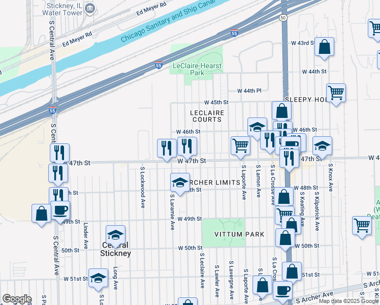 map of restaurants, bars, coffee shops, grocery stores, and more near 4645 South Leamington Avenue in Chicago