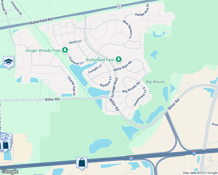 map of restaurants, bars, coffee shops, grocery stores, and more near 2555 Wydown Lane in Aurora