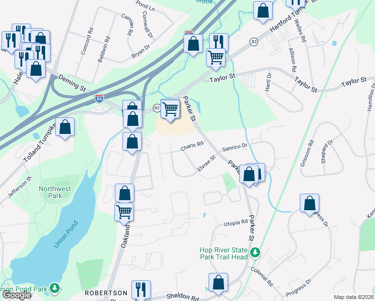 map of restaurants, bars, coffee shops, grocery stores, and more near 5 Sandra Drive in Manchester