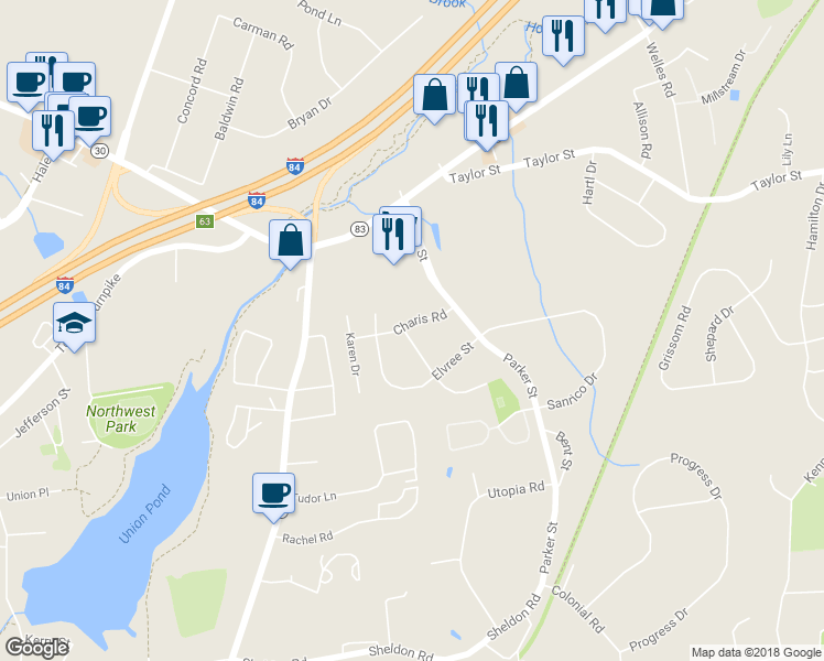 map of restaurants, bars, coffee shops, grocery stores, and more near 5 Sandra Drive in Manchester