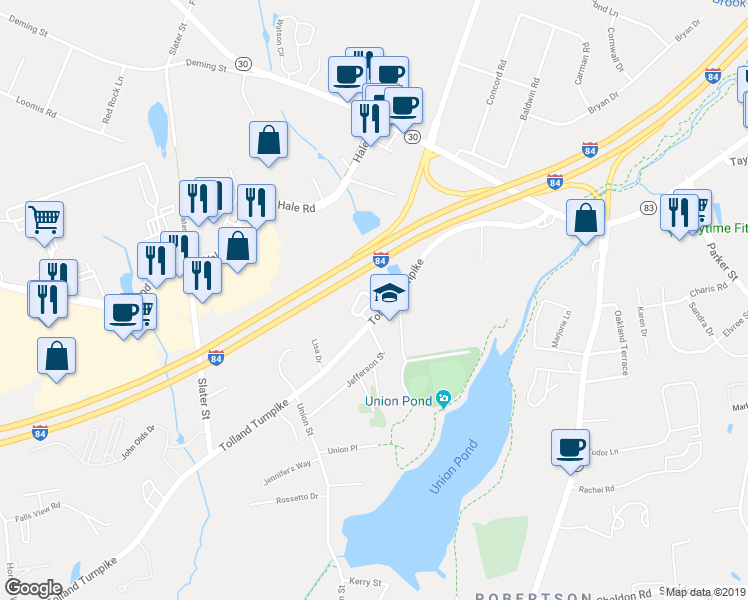 map of restaurants, bars, coffee shops, grocery stores, and more near Donahue Lane in Manchester