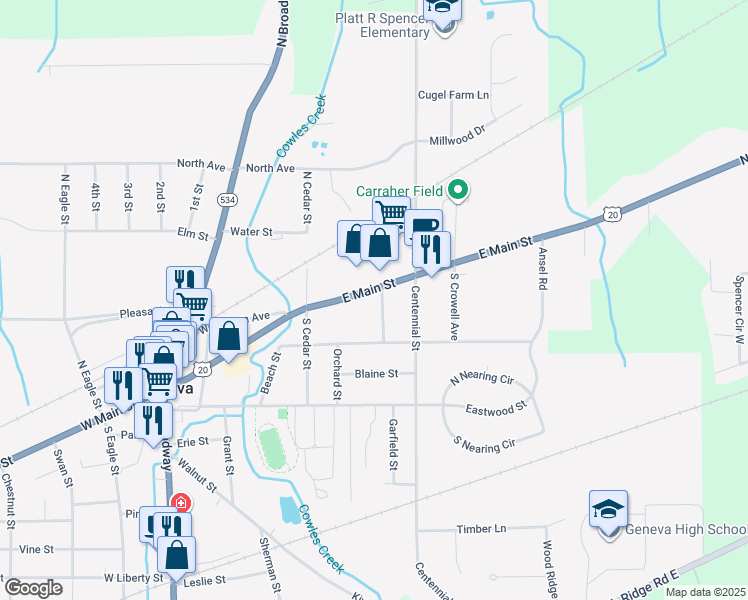 map of restaurants, bars, coffee shops, grocery stores, and more near 540 East Main Street in Geneva