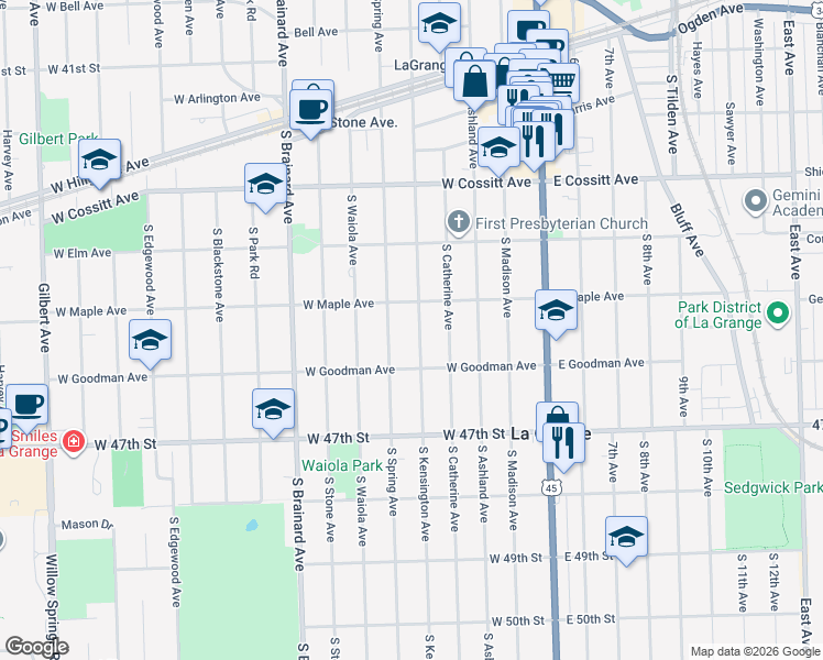 map of restaurants, bars, coffee shops, grocery stores, and more near 320 South Kensington Avenue in La Grange