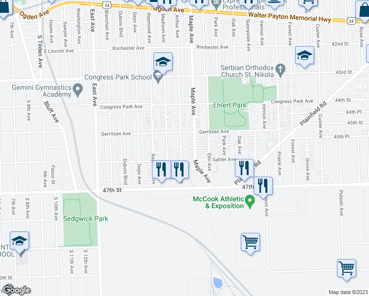 map of restaurants, bars, coffee shops, grocery stores, and more near 4525 Arthur Avenue in Brookfield
