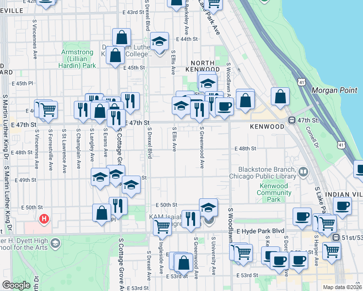 map of restaurants, bars, coffee shops, grocery stores, and more near 1000 East 48th Street in Chicago