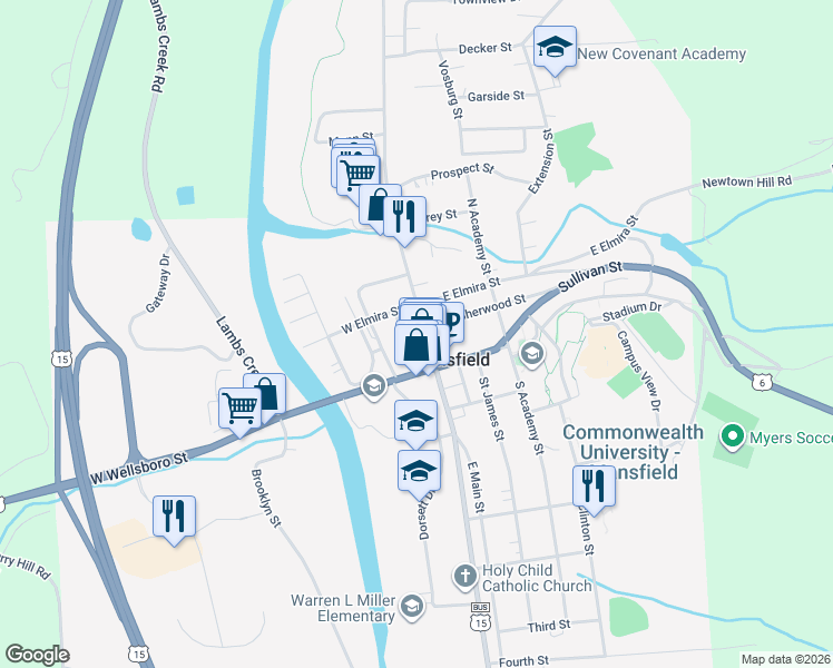 map of restaurants, bars, coffee shops, grocery stores, and more near 35 North Main Street in Mansfield