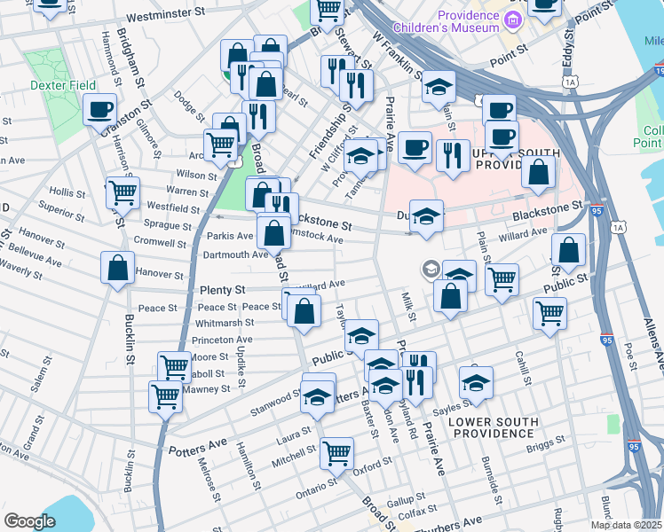 map of restaurants, bars, coffee shops, grocery stores, and more near 3 Wesleyan Avenue in Providence