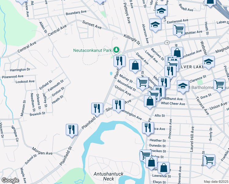 map of restaurants, bars, coffee shops, grocery stores, and more near 17 Evelyn St in Providence