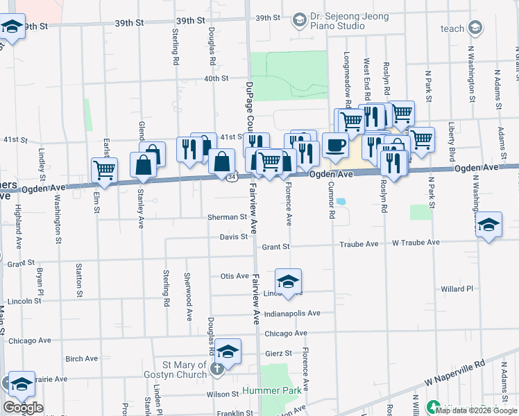 map of restaurants, bars, coffee shops, grocery stores, and more near 4341 Fairview Avenue in Downers Grove