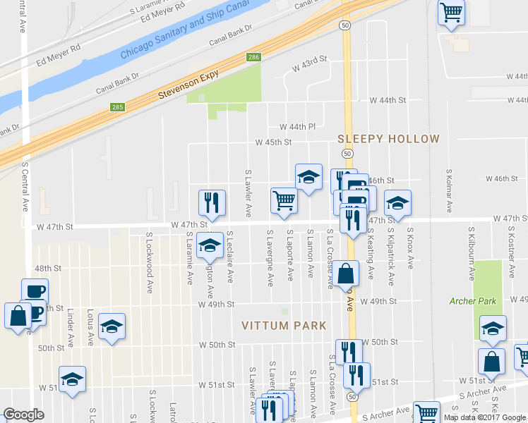 map of restaurants, bars, coffee shops, grocery stores, and more near 4644 South Lavergne Avenue in Chicago