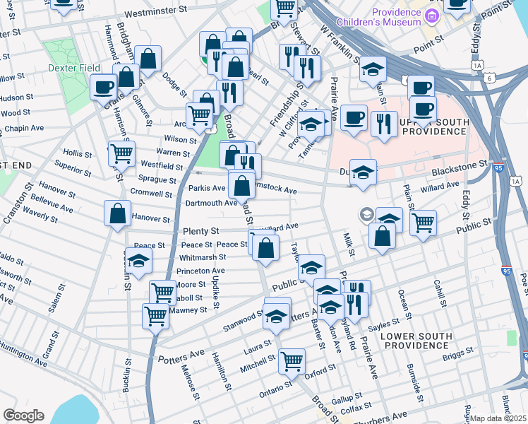 map of restaurants, bars, coffee shops, grocery stores, and more near 45 Wesleyan Avenue in Providence