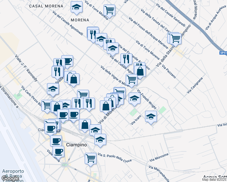 map of restaurants, bars, coffee shops, grocery stores, and more near 25 Via Giosuè Carducci in Ciampino