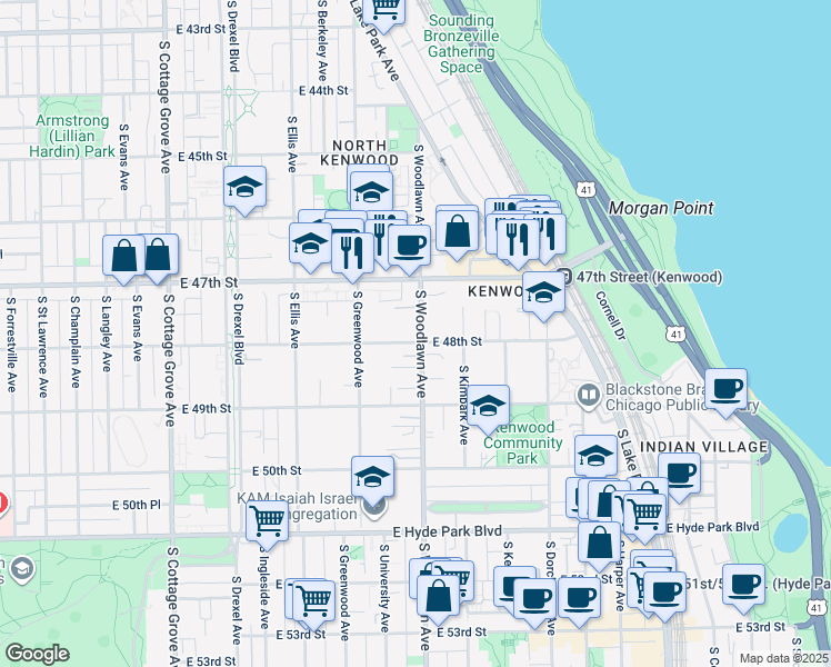 map of restaurants, bars, coffee shops, grocery stores, and more near 1158 East 48th Street in Chicago