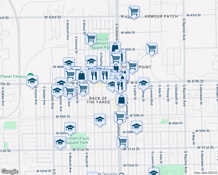 map of restaurants, bars, coffee shops, grocery stores, and more near 4714 South Marshfield Avenue in Chicago