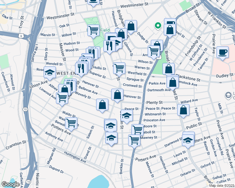 map of restaurants, bars, coffee shops, grocery stores, and more near Dexter Street in Providence