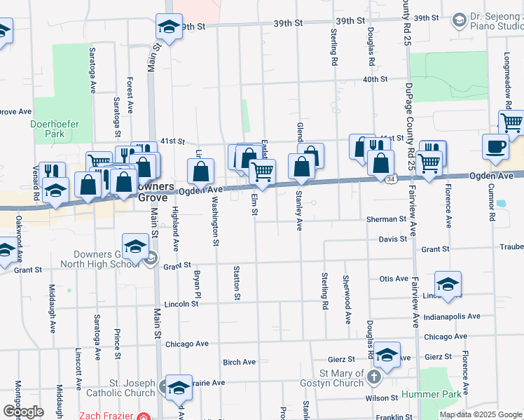 map of restaurants, bars, coffee shops, grocery stores, and more near 4335 Elm Street in Downers Grove