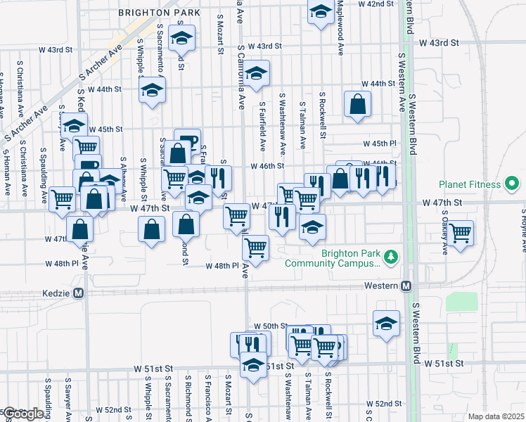 map of restaurants, bars, coffee shops, grocery stores, and more near 4700 South Fairfield Avenue in Chicago