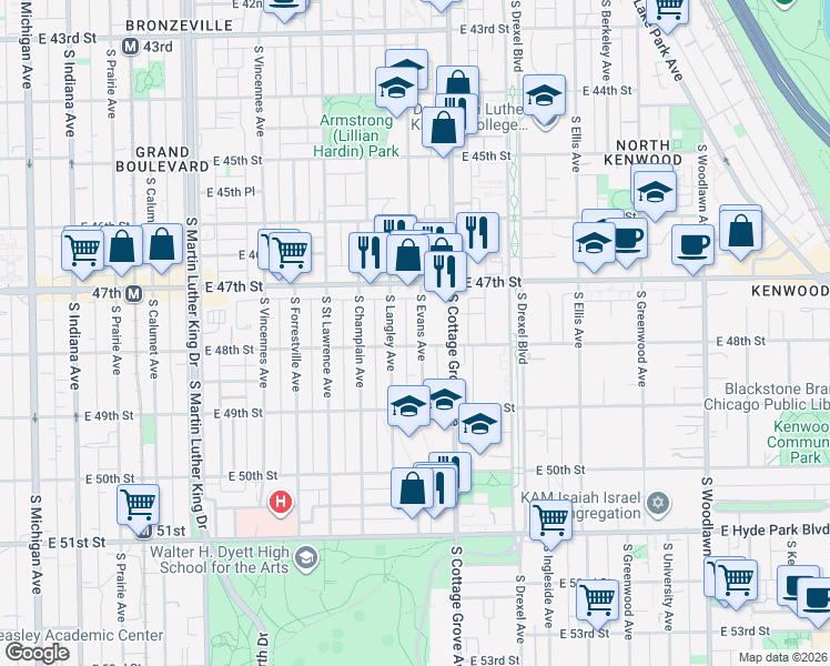 map of restaurants, bars, coffee shops, grocery stores, and more near 4744 South Evans Avenue in Chicago