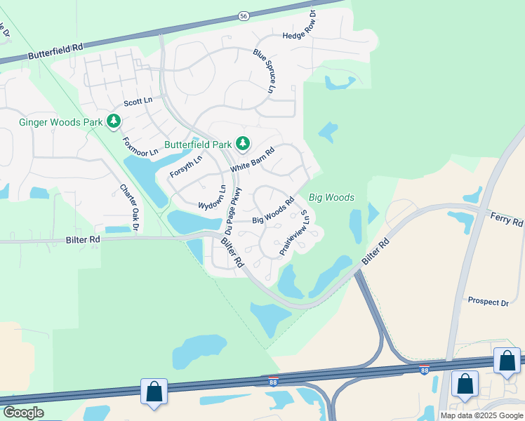 map of restaurants, bars, coffee shops, grocery stores, and more near 2551 Prairieview Lane in Aurora