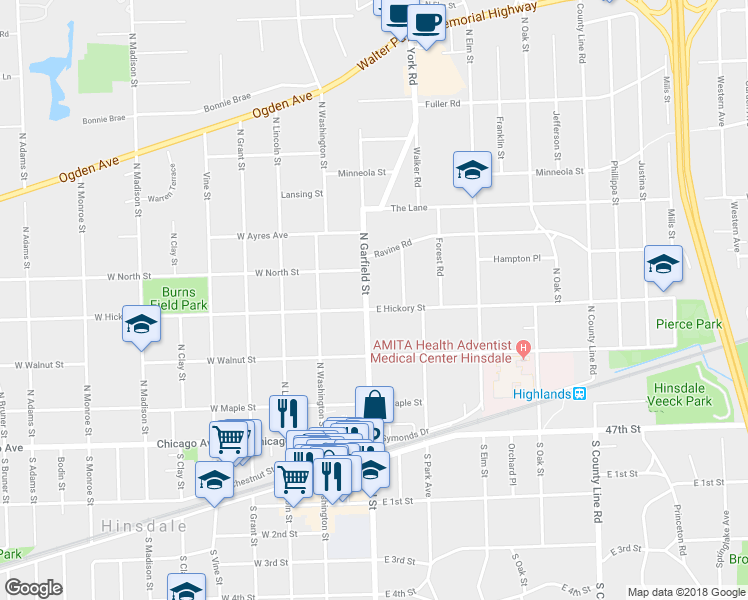 map of restaurants, bars, coffee shops, grocery stores, and more near 309 North Garfield Street in Hinsdale