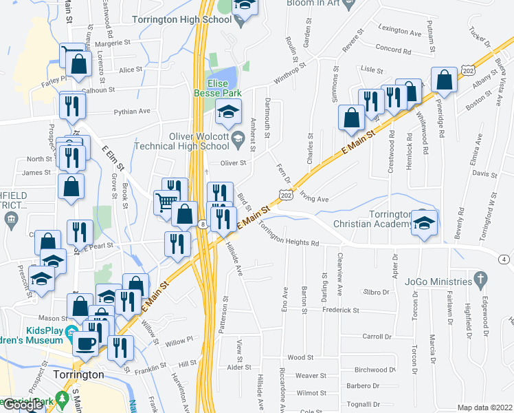 map of restaurants, bars, coffee shops, grocery stores, and more near 16 Bird Street in Torrington
