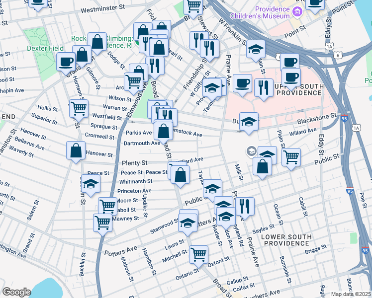 map of restaurants, bars, coffee shops, grocery stores, and more near 45 Wesleyan Avenue in Providence