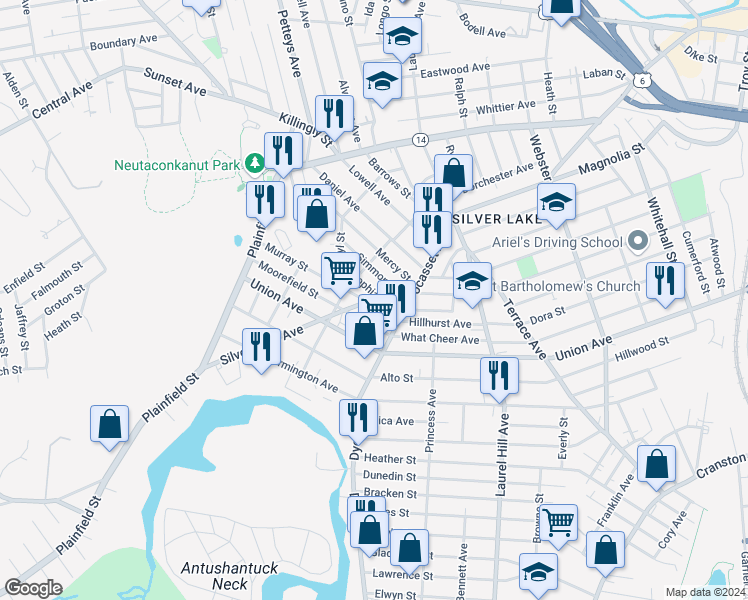 map of restaurants, bars, coffee shops, grocery stores, and more near 126 Murray Street in Providence